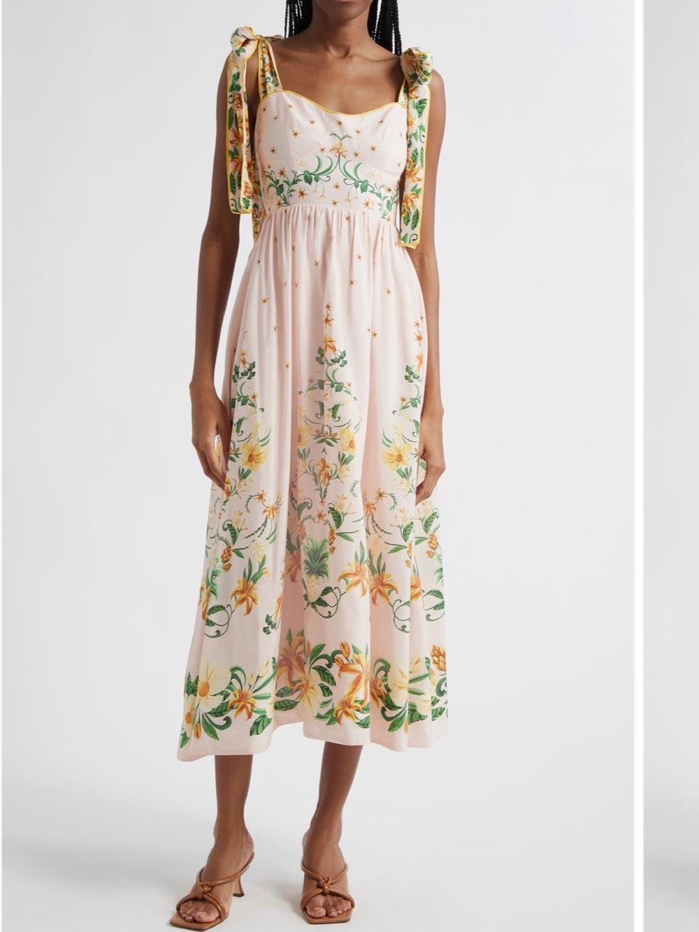 FARM Rio Peach Midi Dress with Green and Yellow Floral Embroidery - Picture 4 of 9